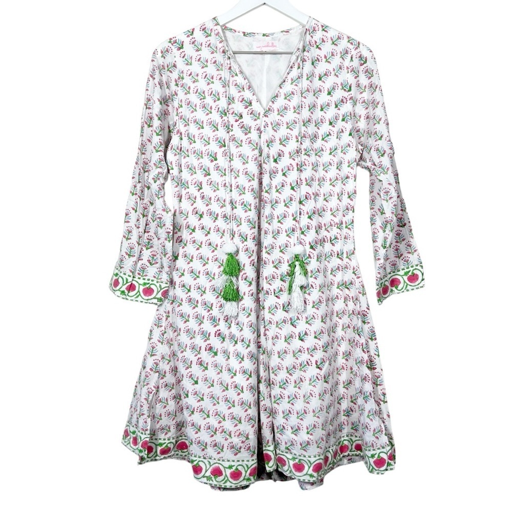 Mary Marshmallow Womens Boho Floral White Green Tassel Long Sleeve Cotton Dress
